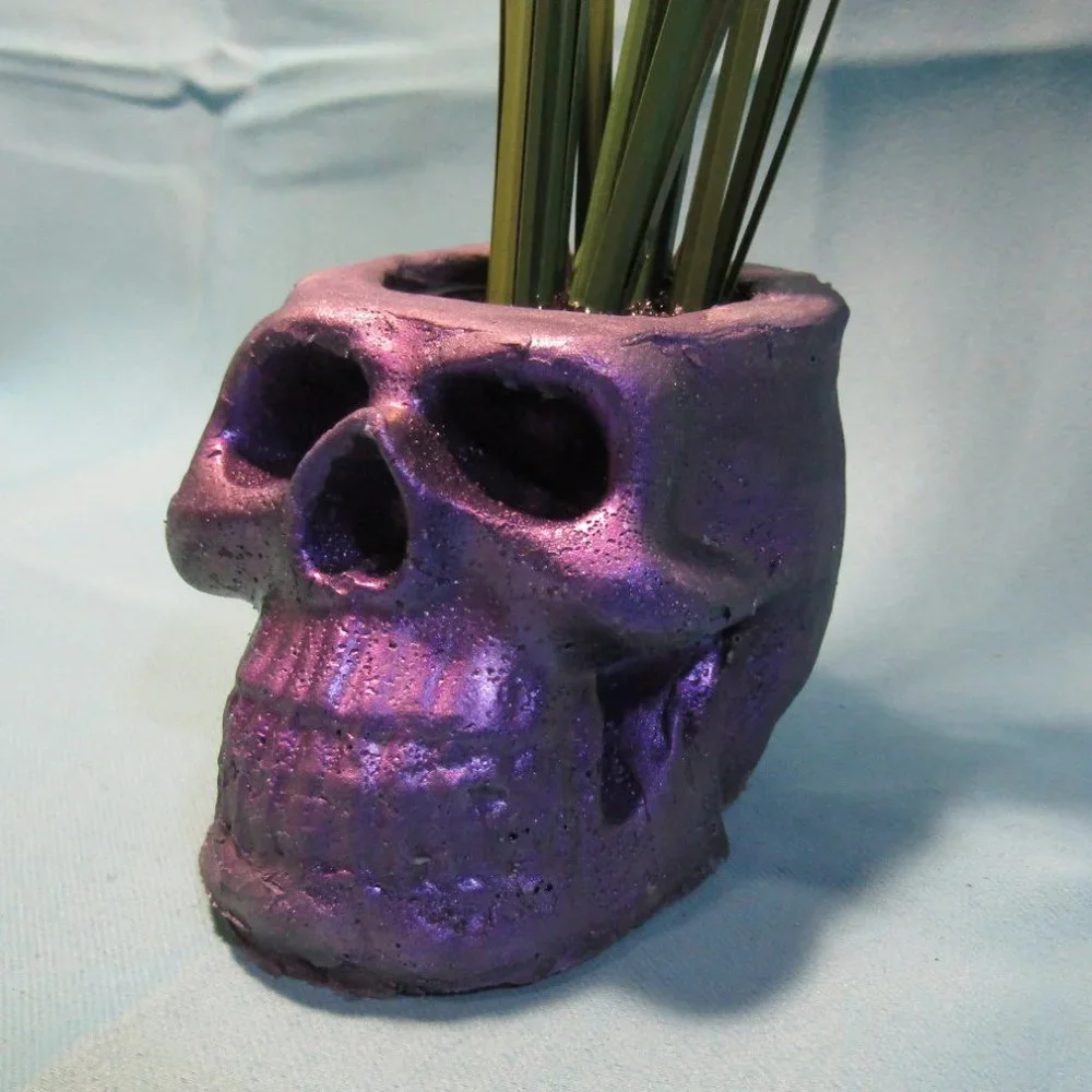 Aquarium Decoration - Purple Zombie Skull with Tall Green Plant.